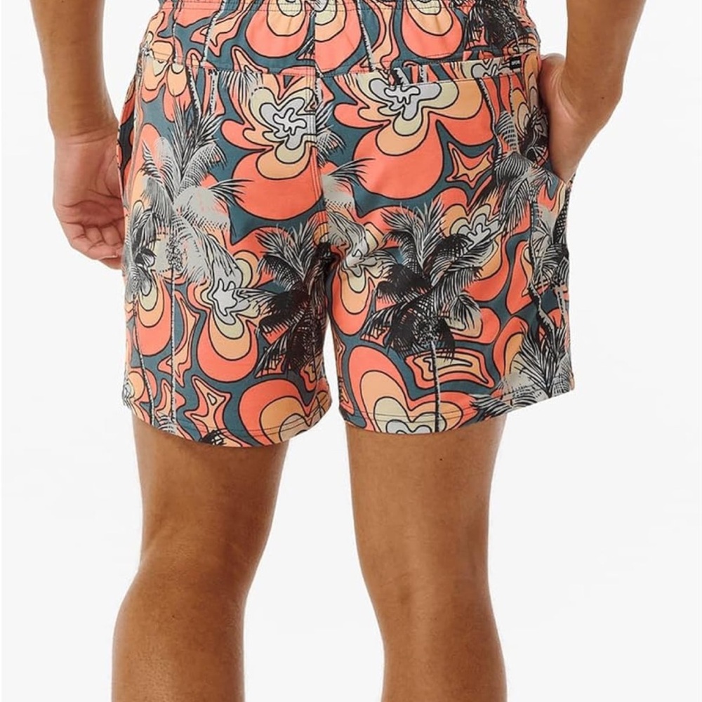 Orange and Black Retro Swim Trunks with Tropical Pattern